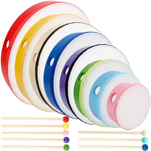 8 Pack Hand Drums Set 12 10 9 8 7 6 5 4 Inch Wooden Frame Drum with Drumsticks Percussion Instruments for Kids Adults School Party Beginners Gifts