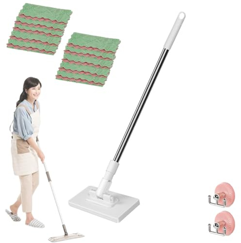 Mini balai à franges à changement automatique de tissu, balai à poussière jetable zéro contact avec chiffons réutilisables, clip en tissu et serpillères sans lavage, nettoyeur de poussière avec tête