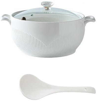 Olla de barro de cerámica para cocinar, tazón de sopa de porcelana con asa para cocinar caldo, fideos, estofado, sopera redonda blanca moderna con tapa de vidrio y cucharón, tapa premium resisten