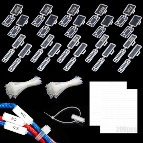 200 stk Kabelbeschriftung Set,Kabeletiketten Erkennungsbox,Kabelmarkierung | Transparent Kabelmarker mit 200 Kabelbinder+200 Etikettenbögen,Wiederverwendbar,zur Kabel Kennzeichnung Sortierung,3010,3020