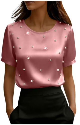 HUIFUAO Satinpärla toppar för kvinnor långärmad elegant gå ut silkesblus rund hals uppklädd arbete kontor affärer avslappnade skjortor tunika, Z21 Rosa, M