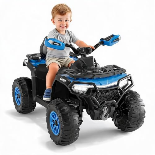 GarveeMore Jouet Quad électrique Enfant 12V Tout-Terrain – 2 Moteurs puissants – télécommande parentale – Suspension – phares LED – Musique sans Fil/USB – Batterie Rechargeable – 4 Roues – 3-8 Ans –