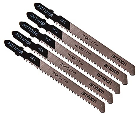 Amtech 5pc Reverse Cut Wood Jigsaw Blade Set (AMT101BR), HCS T-Shank, 100 mm, 10 TPI for Clean Top-Surface Cuts in Laminates and Sheet Wood