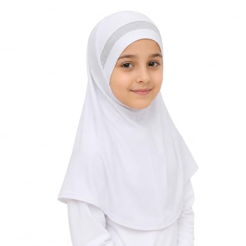 Yaqeen Foulard istantaneo per ragazze hijab al Amira con bordo glitterato, sciarpa pronta da indossare, ideale per qualsiasi occasione scuola/asilo nido, bianco, Taglia unica