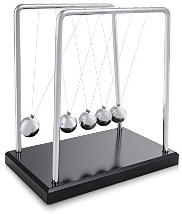 Newton Kugelstoßpendel - Kugelspiel - 5 Kugeln Pendel - Kugelpendel für Schreibtisch - Newton Pendel 19cm hoch auf Sockel aus Holz, Newton Wiege mit Rahmen und Kugeln aus Stahl von hoher Qualität