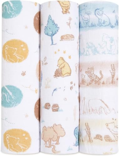 aden + anais Pucktücher, Decken aus 100% Baumwolle für Neugeborene Mädchen & Jungen, Wickeltücher-Set für Säuglinge & Kleinkinder, Geschenke für Babys, 120x120cm, 3er-Pack, Winnie in The Woods