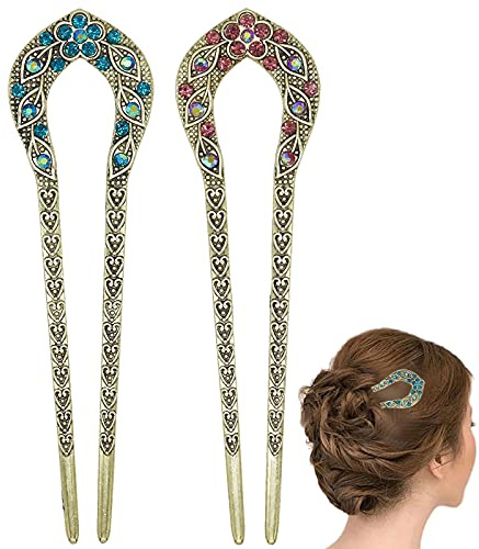2 Pcs Vintage Hair Stick, Crystal Rhinestone Double Prong Hair Pin Stick Hairstyle Chignon Hairpin