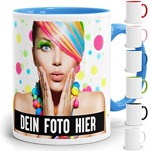 Fototasse selbst individuell gestalten/Personalisiert mit Foto oder Bild Bedrucken/Tasse in verschiedenen Farben aus Keramik (Lightblue)