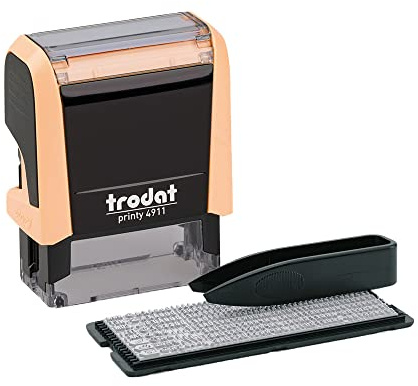 Trodat Printy 4911 - Set di timbri in crema pastello, 3 righe di testo, impronta 38 x 14 mm, tedesco, con pinzette, tampone nero e set di lettere e numeri in taglia unica