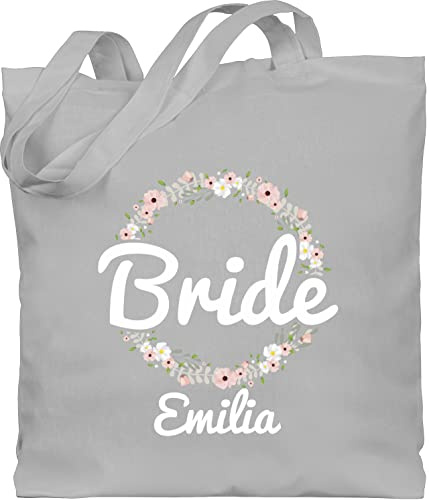 Shirtracer Baumwolltasche personalisiert Namen - JGA Junggesellenabschied - Bride mit Blumenkranz weiss - Unisize - Hellgrau - junggesellinnenabschied tasche jungesellenabschied braut beuteltasche