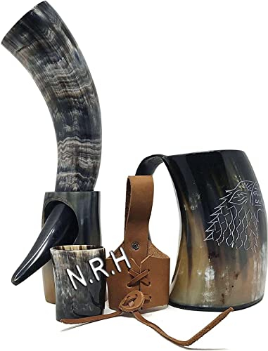 Nautical Replica Hub Viking Drinking Dire Wolf Design Mug Whiskey mini Cup | Belt Holster | Drinking Horn with Stand for Food Safe Ale, Wine, Mead, Cold Drink, Water, and Beer Tankard (5 Piece Set)