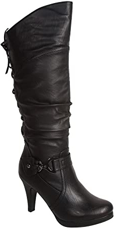TOP Moda Womens Page-65 Knee High Round Toe Lace-Up Slouched High Heel Boots,Black Pu,10