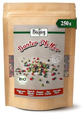 Biojoy EKO Blandpeppar hel, pepparkorn för kvarn, 250 g | Färgade pepparbär från Sri Lanka, torkade, Piper nigrum L., Schinus terebinthifolia L.