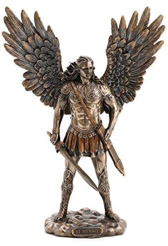 ROCKING GIFTS Religiöse Dekofigur, Erzengel St. Michael mit Schwert und Scheide, Harz Antike Bronze-Effekt, Skulptur Schutzengel, 28 cm