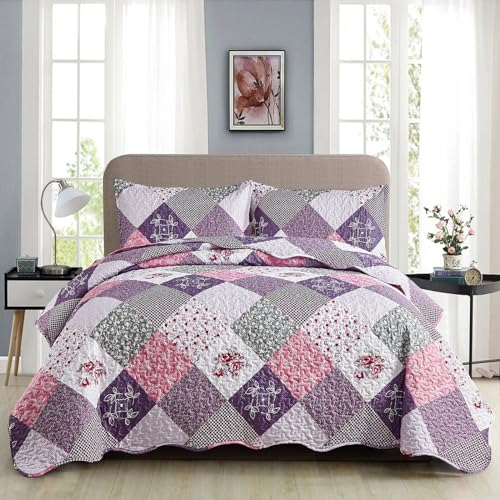 WONGS BEDDING Tagesdecke 240x260 Patchwork Bettüberwurf Gesteppt Bedspreads Blumen Muster Steppdecke Mikrofaser kariertem Tagesdecke mit 2 Kissenbezug 50x75 (Rosa Lila)