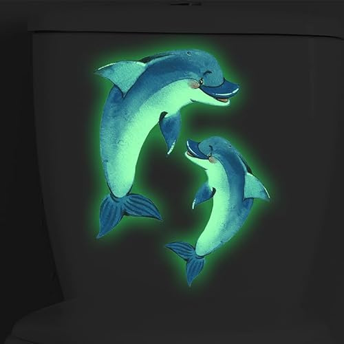 OSKOUR 22 x 30 cm, 2 Stück, Cartoon-Leuchtender niedlicher Delphin, Selbstklebende Toilettensitz-Aufkleber für Deckel, Wand, Badezimmer, Toilettendeckel, Aufkleber, Dekor