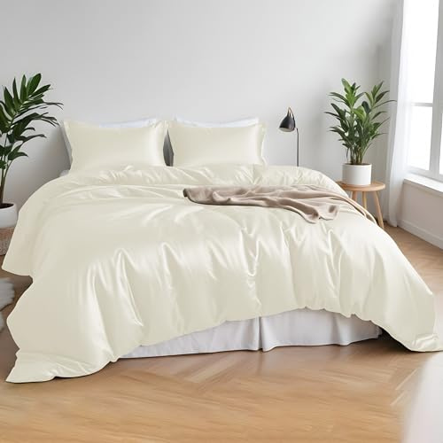 LINENWALAS 100% Organic Bamboo Core Bedding Set for King Size Bed 4Pcs Set- Soft Cooling Silk Bedding Set Perfect for Skin- 1 Duvet Cover, 1 Fitted Sheet & 2 Pillowcases (King, Ivory/Off-White)