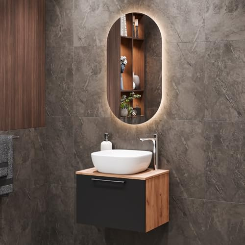 Planetmöbel Astra Badmöbel Set mit Waschtisch 60 cm Gold Eiche | Anthrazit, Aufsatzwaschbecken 42 cm weiß, Spiegel (mit LED) 50cm