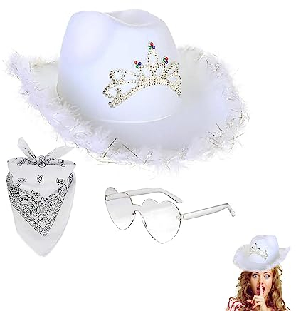 Yulokdwi Cowboy Hut Damen Rosa, Frauen Cowboyhut Set, Filz-Cowgirl-Hut Mit Feder-Bandana, Wester Style Pink Cowboy Hut, Partyzubehör-Set, Attraktiv Für Männer, Frauen, Männer, Mädchen, Jungen