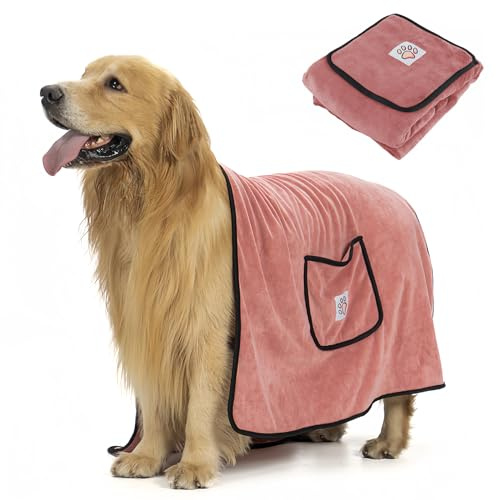 heavenlife Toalla de Baño para Perros 70X130Cm, Toallas Microfibra Secado Rápido para Mascotas, Suaves Ultra Absorbente Toalla de Baño Grande con 2 Bolsillos para Perros Gatos (Rosa)