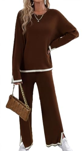 OLIPHEE Completi da Donna 2 Pezzi Tuta Donna Maglieria Pantaloni a Gamba Larga a Maniche Lunghe Elegante Set da Donna in Due Pezzi Eleganza Turismo Donna Outfits per Le Vacanze Marrone XL