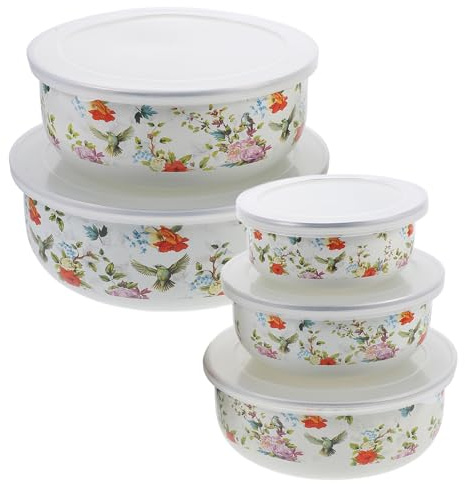 Ciieeo Emaille-Schüssel Set Mit Deckel 5-Teiliges Rührschüsseln Set Frischhalteschalen Für Suppe Salat Nudeln Und Reis Für Küche Und Haushalt