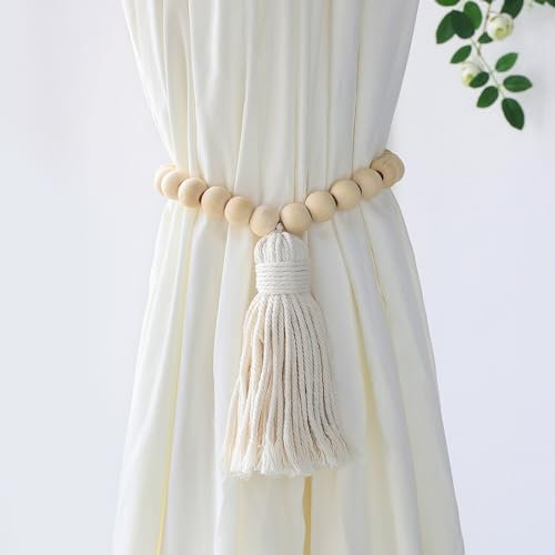 Vorhang Raffhalter, Handmade geflochtene Seil Knoten 2 Stück Raffhalter ​für Vorhänge Boho Baumwolle Makramee Gardinenhalter mit Holzperle, Vorhang Seil Wohnzimmer, Schlafzimmer Deko (M0809)
