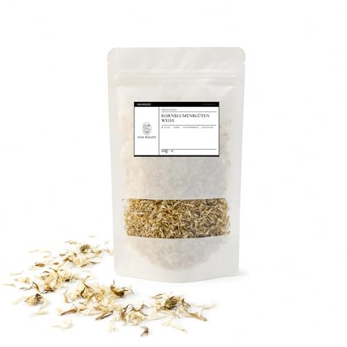HUA MALOO Essbare Kornblumenblüten Weiß 10g – Getrocknete Blüten für Tee, Desserts & Deko | Perfekt für Cupcakes, Salate & Torten