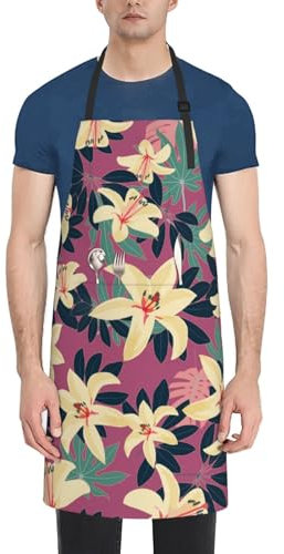 Küchenschürze mit 2 Taschen, tropische Blätter und Lilien, verstellbare Kochschürze, Kochschürze, Grillschürze für Damen und Herren, Tropische Blätter und Lilien, 33x28inch