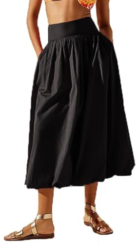 YILEEGOO Damen-Maxirock, Y2K, niedrig, lässig, elastische Taille, A-Linie, langer Rock, Sommer, Rüschen, Ballon, Midi-Kleid, Schwarz , S