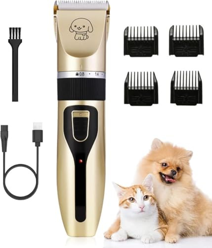 Tondeuse pour animaux domestiques, rasoir sans fil rechargeable USB, faible bruit, 5 vitesses, brosse de nettoyage, peigne
