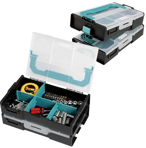 Navaris Organizador Tornillos - 2x Caja Compartimentos Ajustables - Cajas Organizadoras para Tuercas Bricolaje Cuentas DIY - Caja Organizadora Apilable con Asa y Tapa Transparente