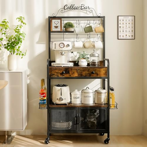 Kaffeewagen mit Rollen, Kaffeestation, Küche Kaffeebarschrank mit Aufbewahrung, Mikrowelle und Kaffeeständer Station, Eckkaffee-Bartisch mit Schublade, Kaffeebarwagen, Bäckerregal mit Stauraum