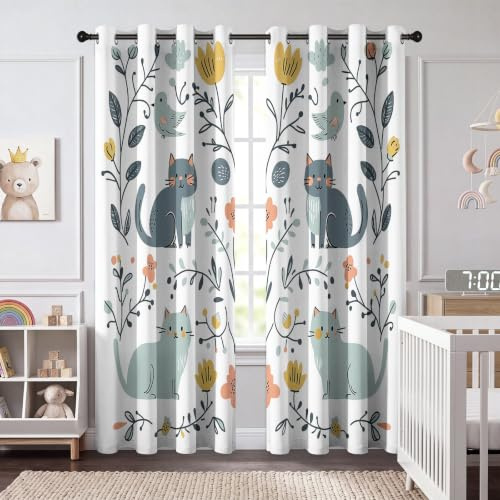 Vorhänge Süße Katze, Blumen Blickdichte Gardinen mit Ösen Thermo Vorhänge Weiß Weich Verdunkelungsvorhänge Wohnzimmer Schlafzimmer Vorhang H166 x B75 cm (2er Pack) für Kinder Teenager