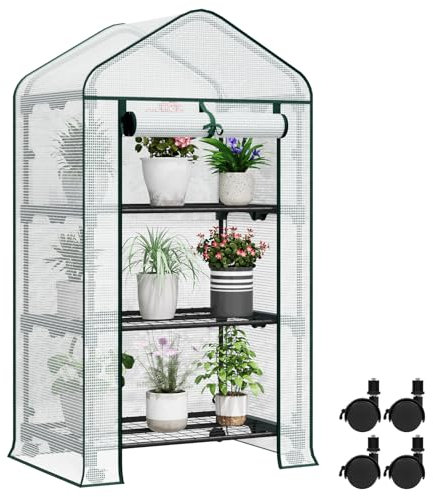 WOLTU Serra da Giardino, con Ruote, Serra da Balcone, 70x50x131 cm, Copertura in PE 140 g/m², Porta a Zip Avvolgibile, per Svernamento con 3/4 Ripiani, per Interni ed Esterni, Bianco