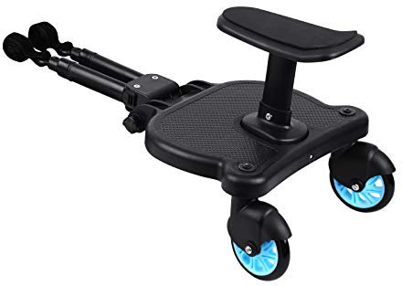 KayEsampra Buggy Board mit Sitz, Trittbrett Mitfahrbrett Universal mit 360° PU Zweirad Rad für Kinderwagen, Kiddy Board für Kinder von 2-6 Jahren, Bearing 25KG (Blau)