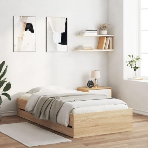 UJCHVHN Home Garden Bettgestell mit Schubladen ohne Matratze Sonoma Eiche 75x190 cm klein Einzelbett