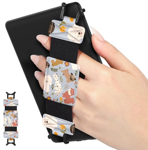 MoKo Soft Hand Strap for 6-8 Kindle eReaders Fire Tablet Kindle/Kobo/Voyaga/Lenovo/Sony Kindle E-Book Tablet, Black High-Elasticity Versatile Hand Strap Lightweight Finger Grip Holder, Happy Dogs