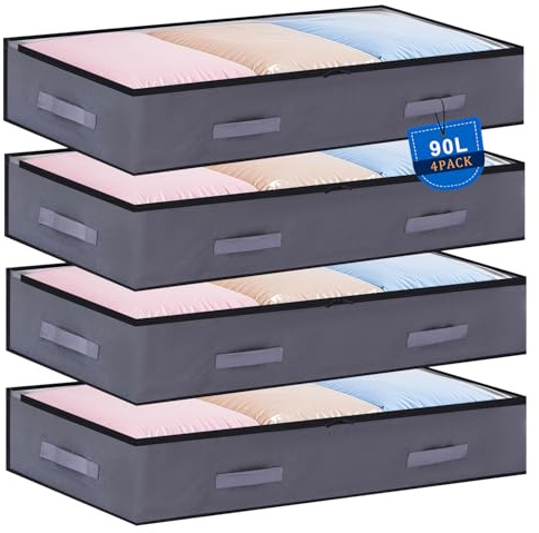 JAECU 4 Pezzi 90L Contenitori Sottoletto per Vestiti Salvaspazio, Scatola per Armadio Pieghevole Porta Abiti con Manico Rinforzato, per Coperte Biancheria da Letto, 100x50x18 cm
