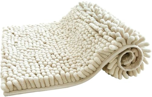 Paula Home - Alfombra de Baño Chenilla de Pelo Largo | Antideslizante, Gruesa, Extra Suave y Absorbente | 100% Microfibra para Ducha y Bañera | Mod. Shaggy (Crema, 40x60cm)