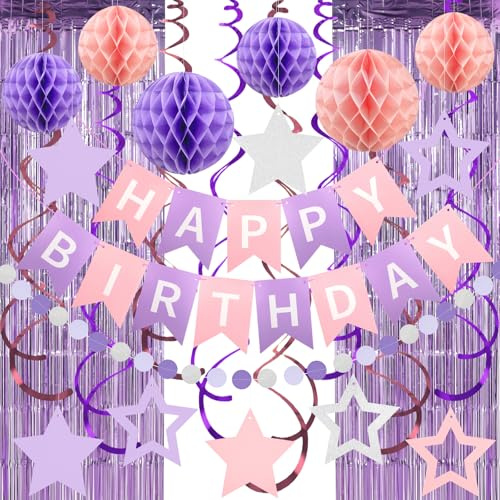 Tolle Geburtstag Deko Set - Geburtstag Banner, Folien Vorhänge, Wabenbälle & Party Accessoires Lila Rosa Geburtstagsdeko - Für Jungens/Mädchen Kindergeburtstag - Einfache Montage