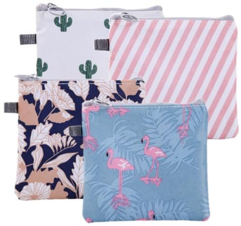 HEATSHAKING 4pcs Sanitary Napkin Storage Bags Portable Menstrual Pad Pouches Zipper Cartoon Design Cactus Flamingo Stripes Flowers for Cards and Essentials