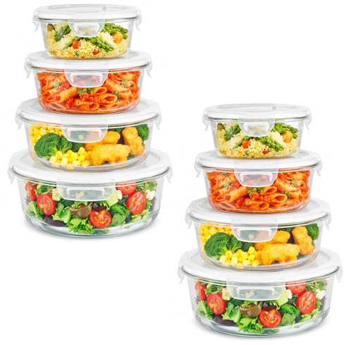 Innoteck 4pc Round Glass Storage Container Set with Snap Lock Lids - Watertight & Airtight Lids - Heat & Cold Resistant Glass - Microwave, Oven, Freeze & Dishwasher Safe - for Meal Prep, Set of 8 | Round glass food storage containers with airtight, leakproof snap-lock lids, microwave, oven, freezer and dishwasher safe.