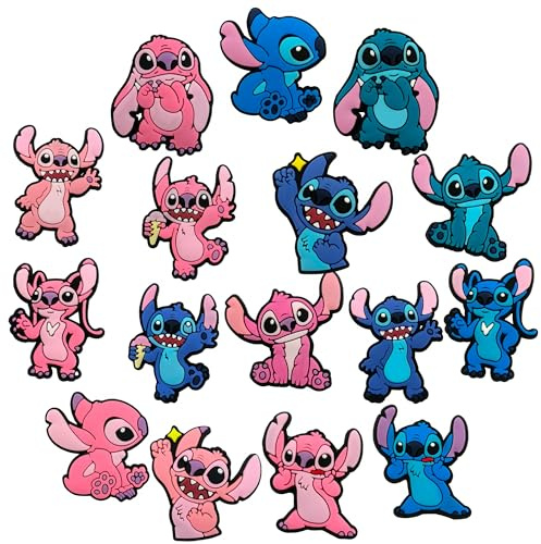 Yangsiw 16Pcs Stitch Shoe Charm, Clog Decoration PVC Shoes Decorations Lilo Shoe Buckles, Cartoon Anime Game Charms Shoe Accessories for Boys Girls Mens Womens Party Birthday