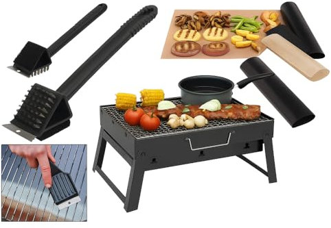 Super Kit di Mini Barbecue Portatile Griglia di Carbonio Spazzola Raschietto Tappetino Antiaderente Tutto ciò di cui hai bisogno per grigliare ovunque tu voglia Pack completo compatto pieghevole