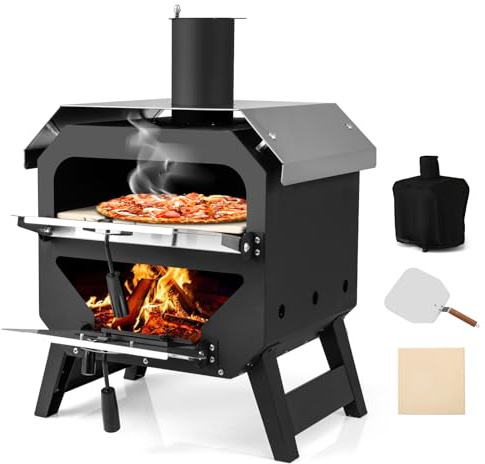COSTWAY Utomhus pizzaugn, pizzaugn med pizzaspade, pizzasten, vattentätt skydd, tak i rostfritt stål och värmebeständiga handtag, bärbar brandugn, vedugn för picknick, grillfest
