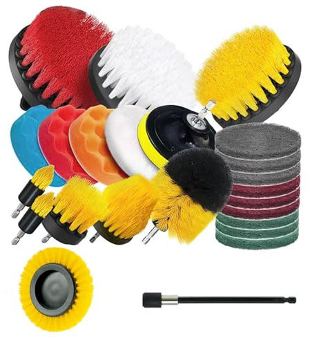 24-Piece Drill Brush Attachment Set - Power Scrubber Kit with Extend Attachment & Buffing Pads | for Bathroom, Kitchen, Car, Grill & All Surfaces (Fits Most Drills)