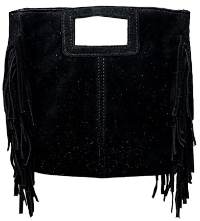 Chicca Borse Borsa a Mano Donna in Pelle Scamosciata con Frange (Nero)