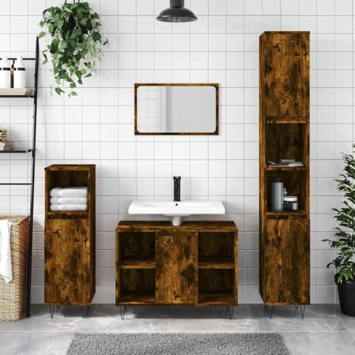 Bucmath Badskåp rökek 30 x 30 x 100 cm, trämaterial, badrumsskåp med dörrfack, öppen hylla, järnfötter, fuktbeständigt, för badrum