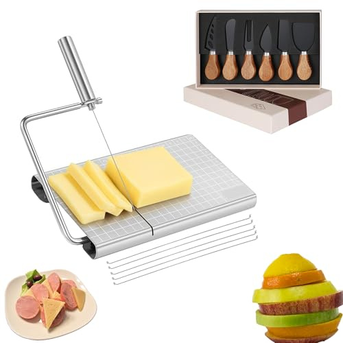 Genérico Cortador de queso con 5 hilos de repuesto,Cuchillos para queso 6 piezas,Tabla de corte con regla en cm,Mango acacia,Acero inoxidable,Caja de regalo,Ideal para charcutería,21.1×13.0×2.5cm(NE)